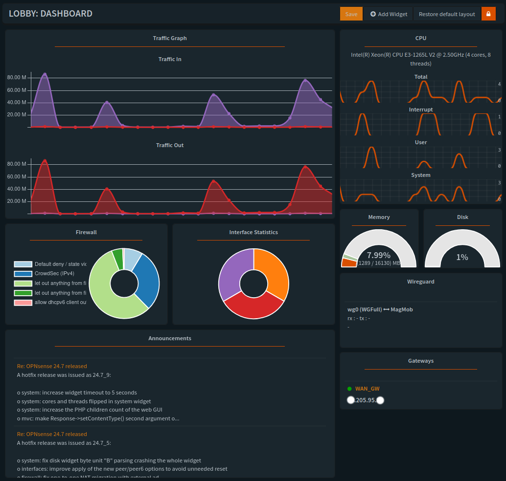 OPNsense dashboard